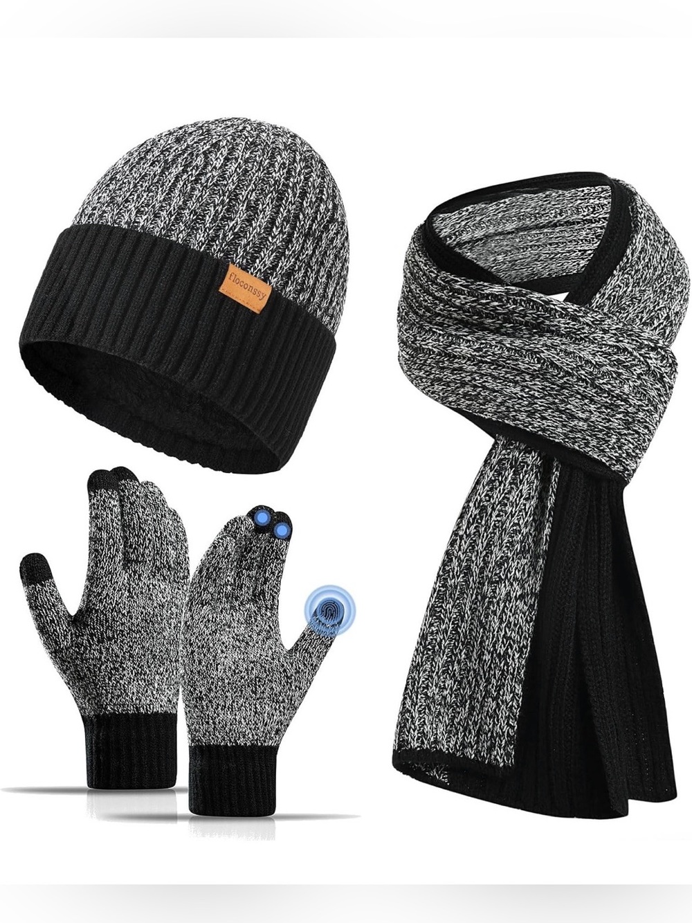 Unbranded Men's Black & Gray Knit Winter Hat, Scarf and Touchscreen Gloves Set